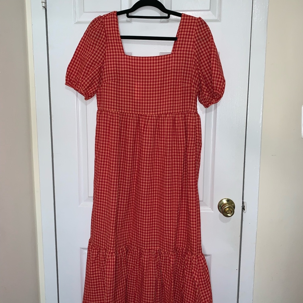 Tiered Gingham Red Midi Dress